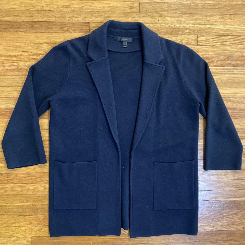 J Crew Sweater Jacket Womens Medium Navy Merino Wool Blend Open Front Cardigan